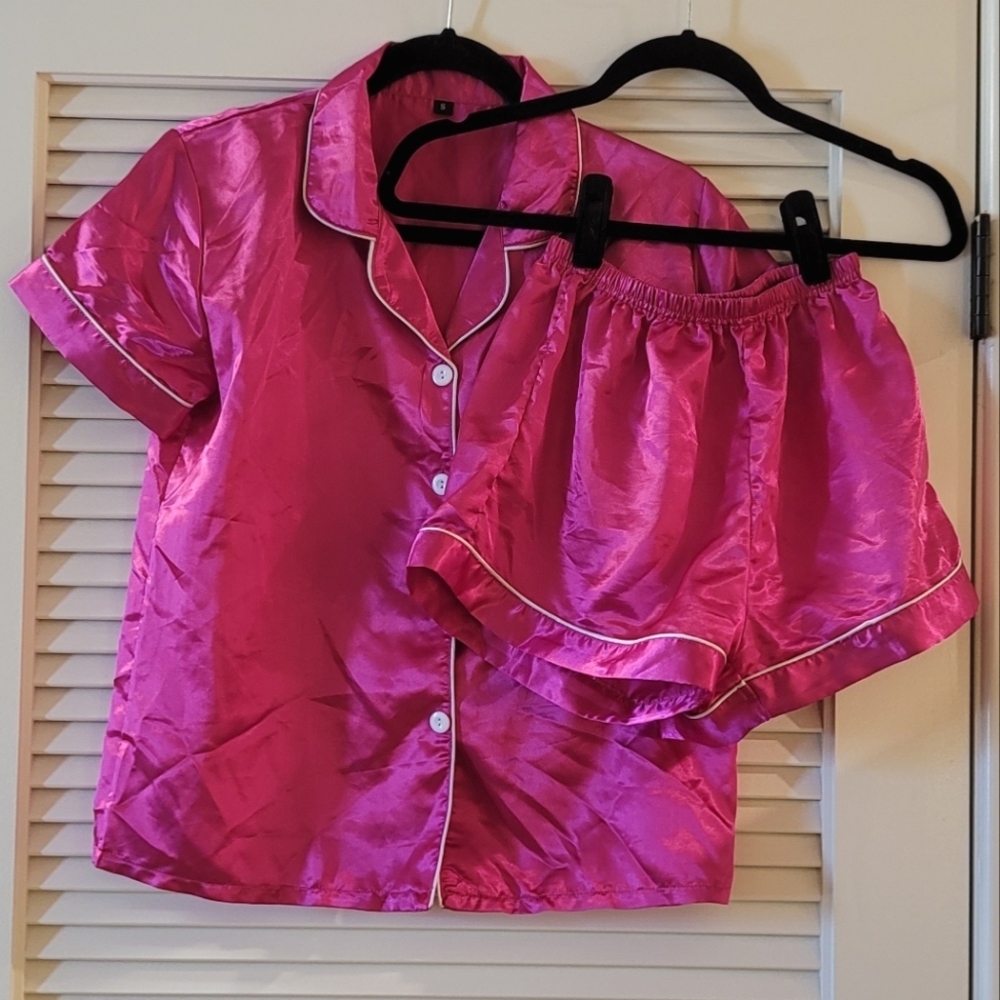Hot Pink & White Two-Piece Short-Sleeve Top & Short Loungewear Pajama Set